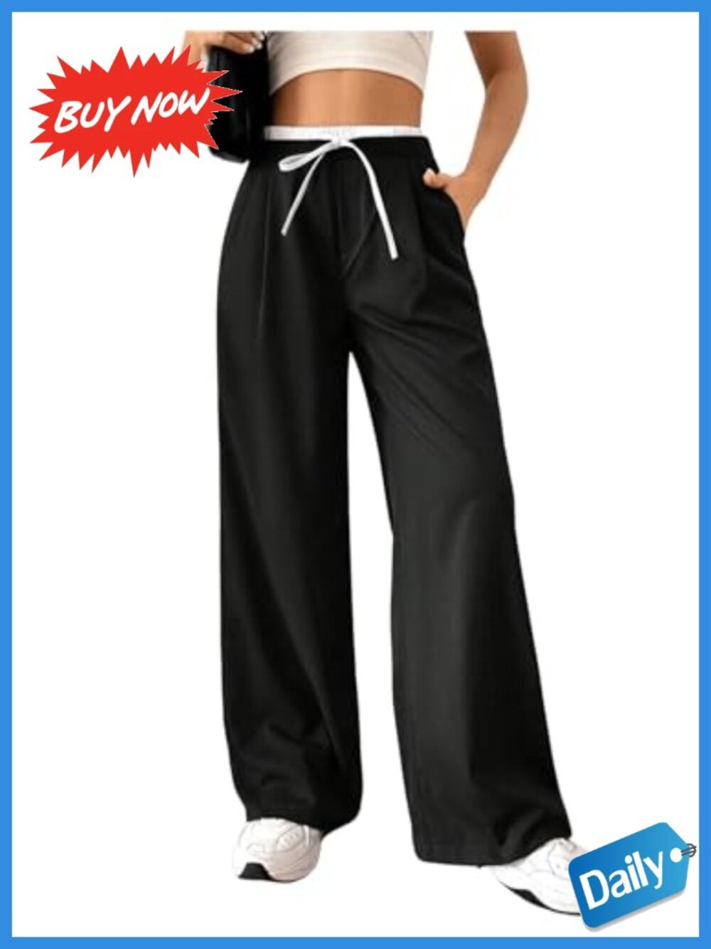 Wide Leg Track Pants Elastic Waist Tie Front Pockets Casual Workout